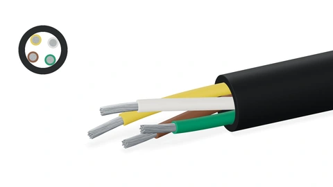 Illustrative silicone-sheathed construction with four FEP-insulated cores; complete cutaway and matching cross-section.