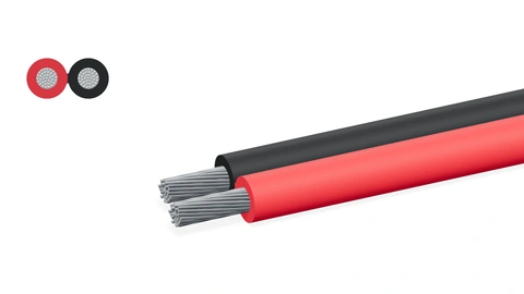Twin parallel stranded conductors with joined red and black silicone insulation; illustrative cutaway and matching cross-section.