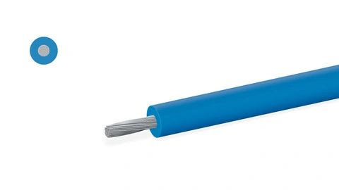 Illustrative fine-stranded silicone wire with 60 conductor strands, blue insulation and matching cross-section.