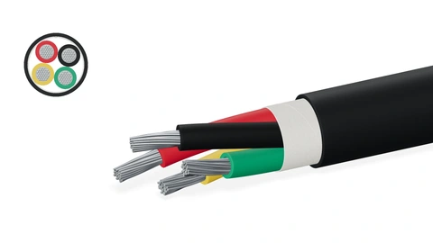 Illustrative four-core YGG construction with 33-strand conductors, paper wrapping, common silicone sheath and matching cross-section.