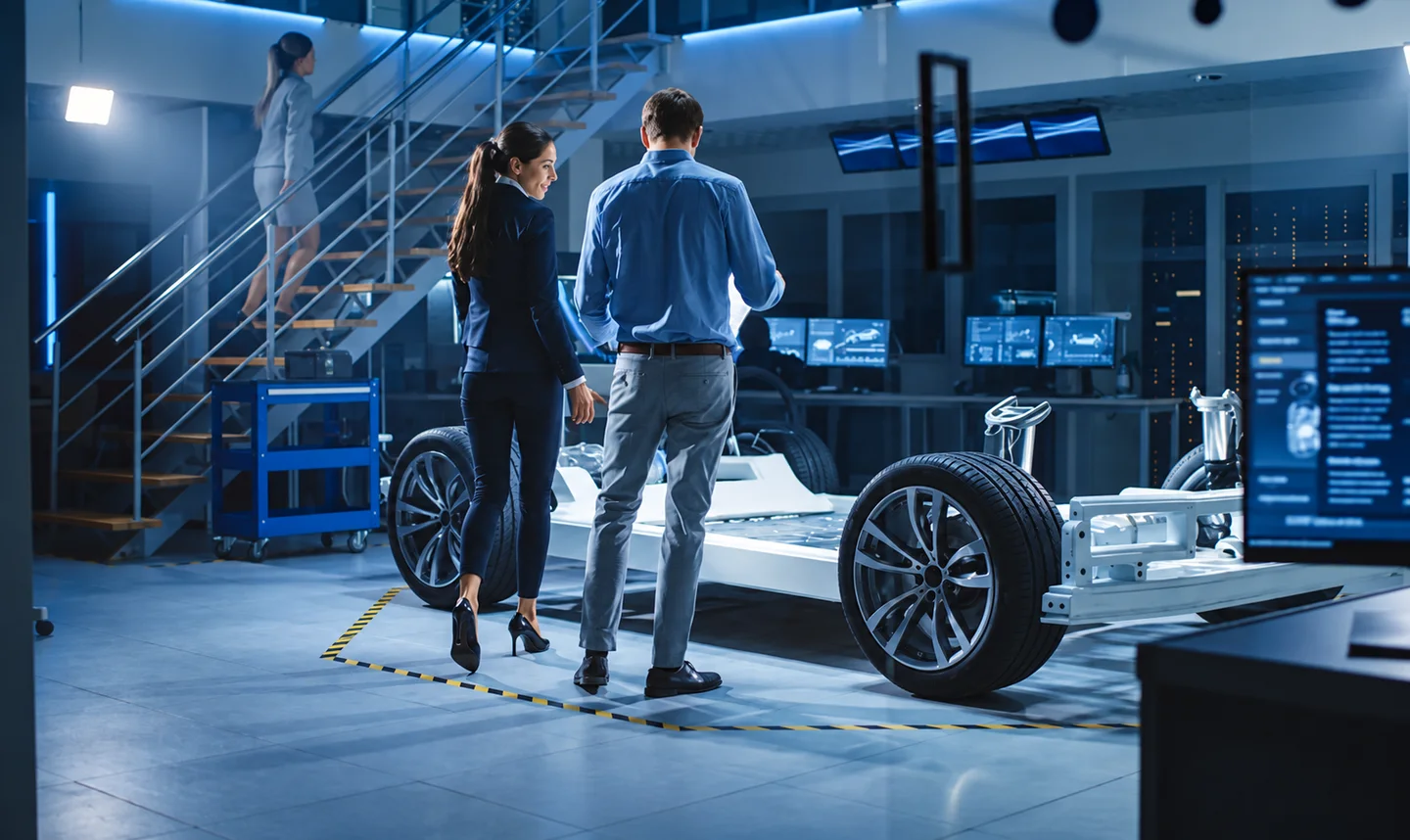 Vehicle development laboratory with a car chassis