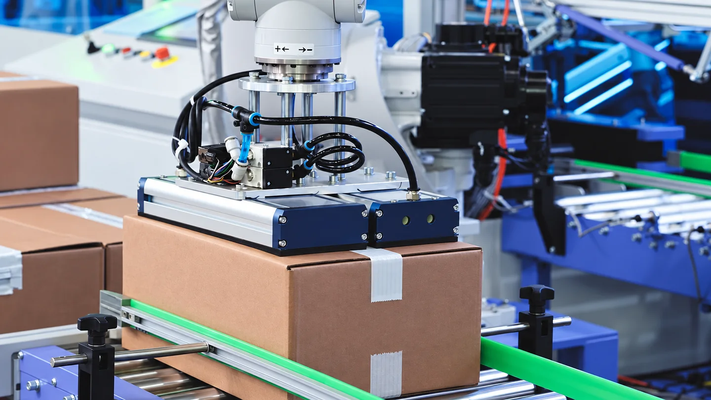 Robot handling a carton on a packaging conveyor