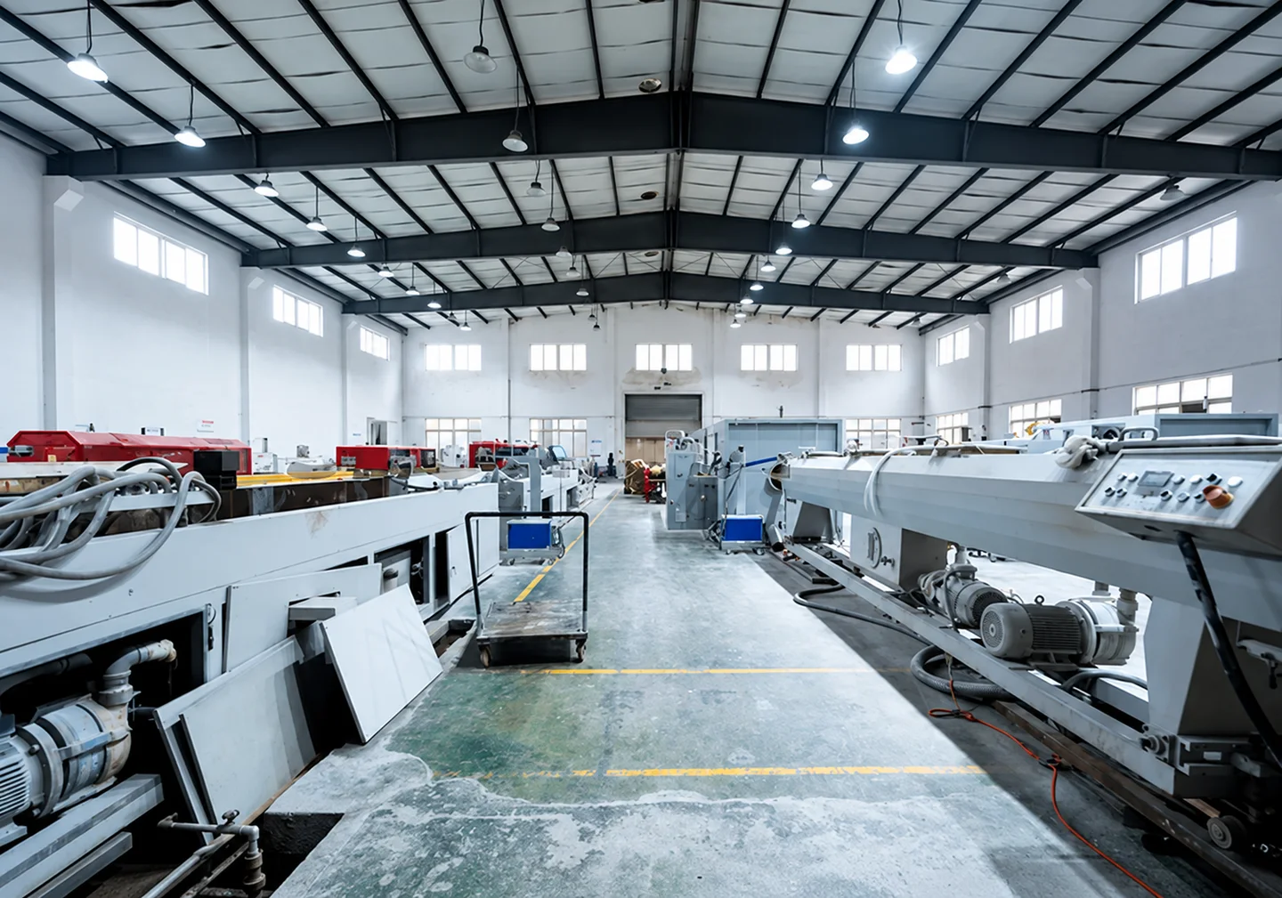 Plastic processing machinery in a factory workshop