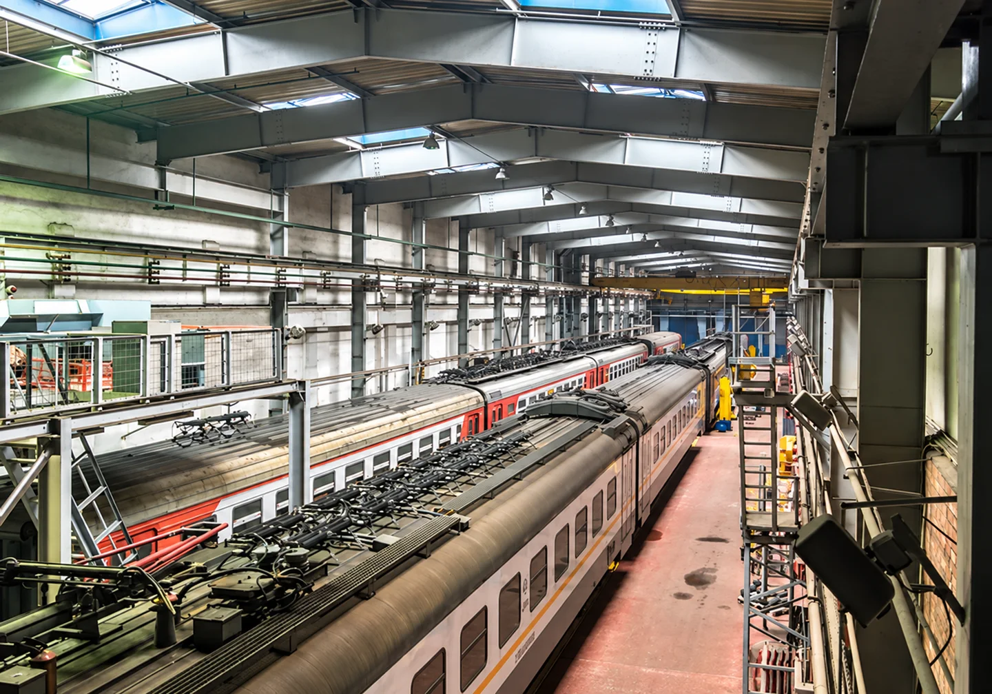 Passenger train in a maintenance depot