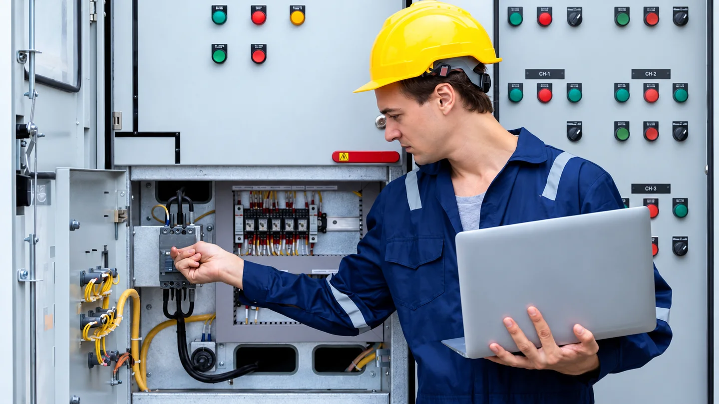 Technician working beside an open electrical control cabinet