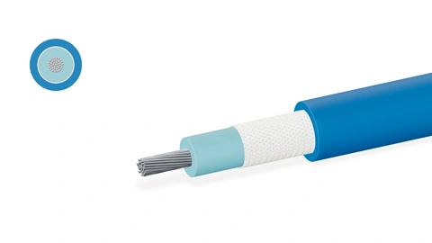 Single conductor, light-blue insulation, nonmetallic fibre braid and blue sheath; cutaway and cross-section.