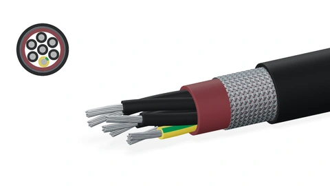 Illustrative seven-core tear-resistant construction with an inner silicone sheath, tinned-copper braided screen and outer silicone sheath; matching cross-section.