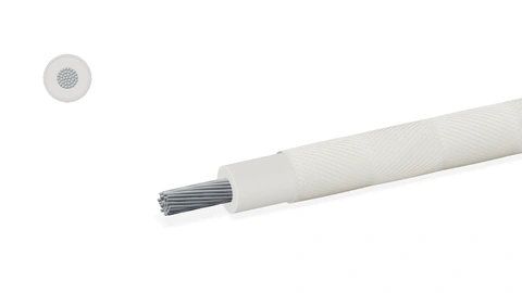Construction example: single stranded conductor, white silicone insulation and outer glass-fibre braid; cutaway and cross-section.