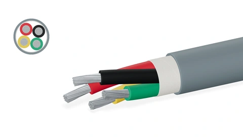 Illustrative extra-flexible YGG construction with 100 fine strands per core, paper wrapping, grey silicone sheath and matching cross-section.