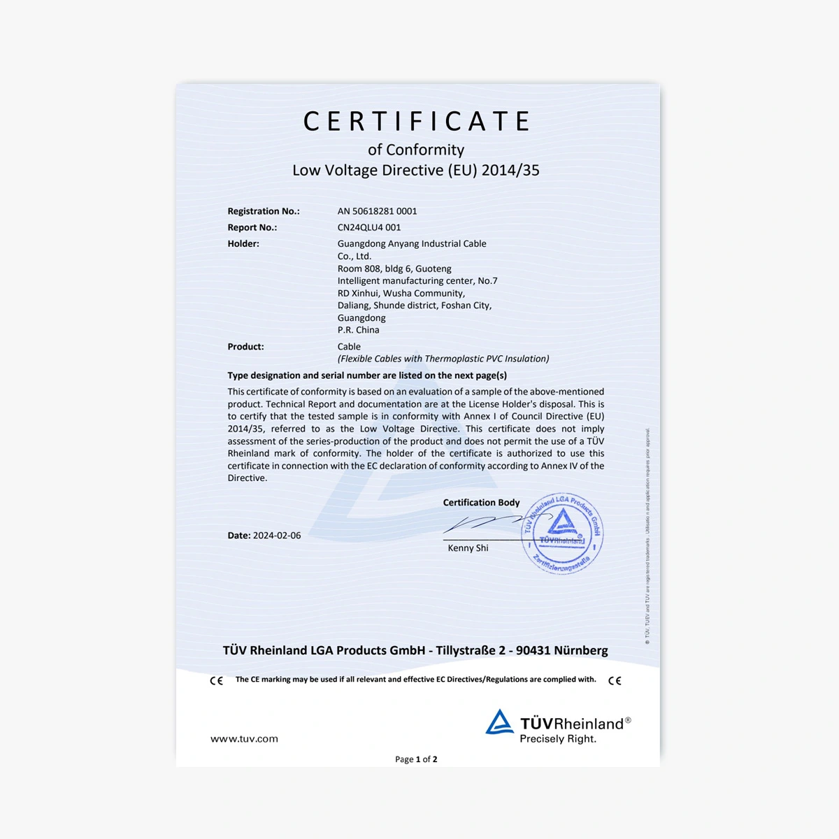 TÜV Rheinland conformity document — original company-supplied document