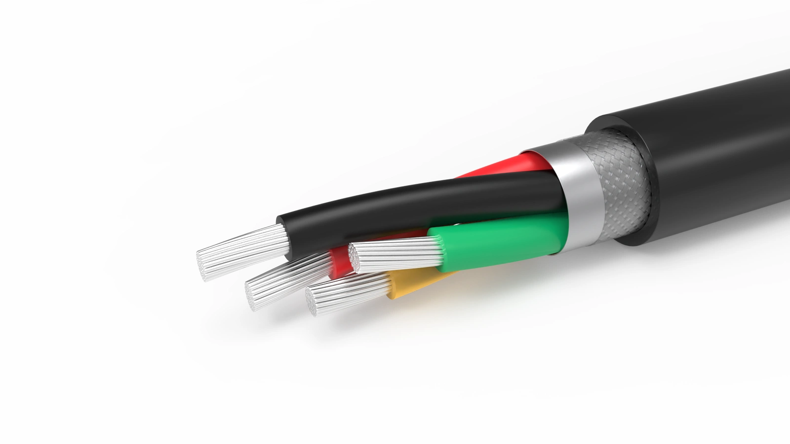 Representative screened multicore cable showing the conductor, insulated cores, screen and outer sheath