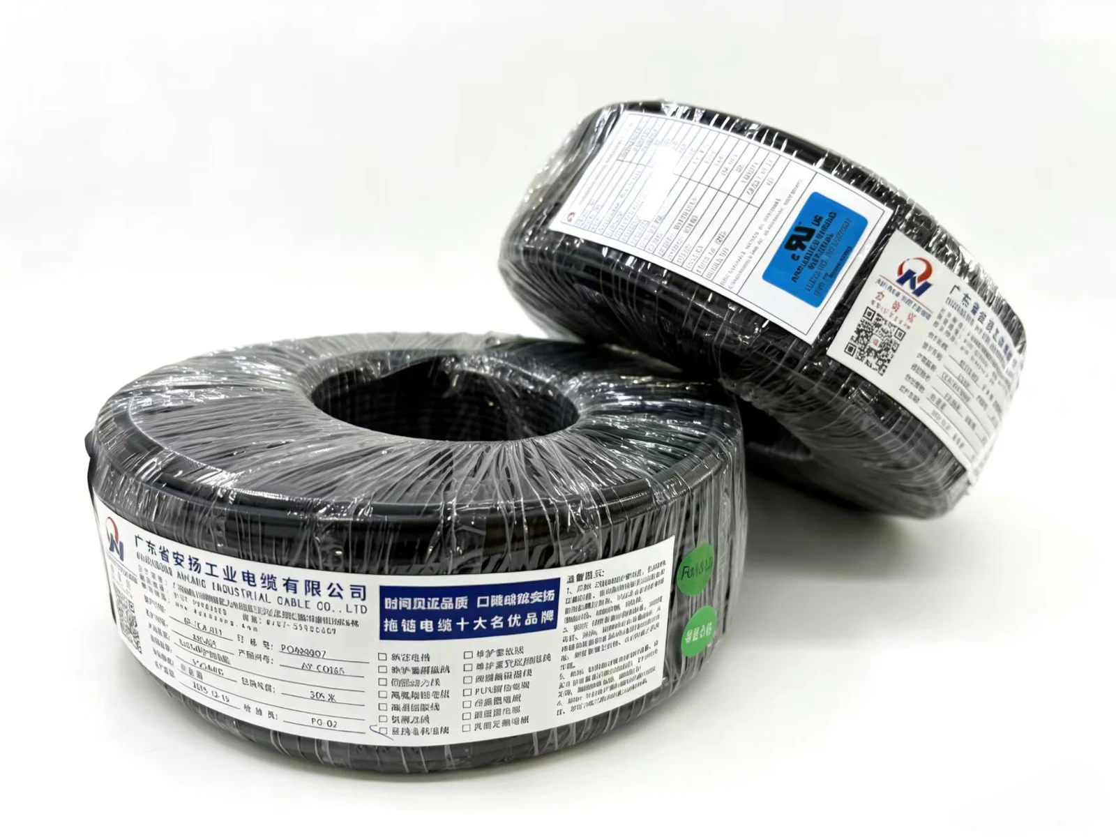 Wrapped cable coils with product labels