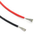 Red and black silicone wire samples with exposed fine strands; the black wire is marked 12 AWG.