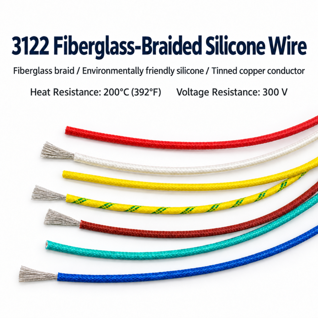 3122 fiberglass-braided silicone wire samples in seven colours