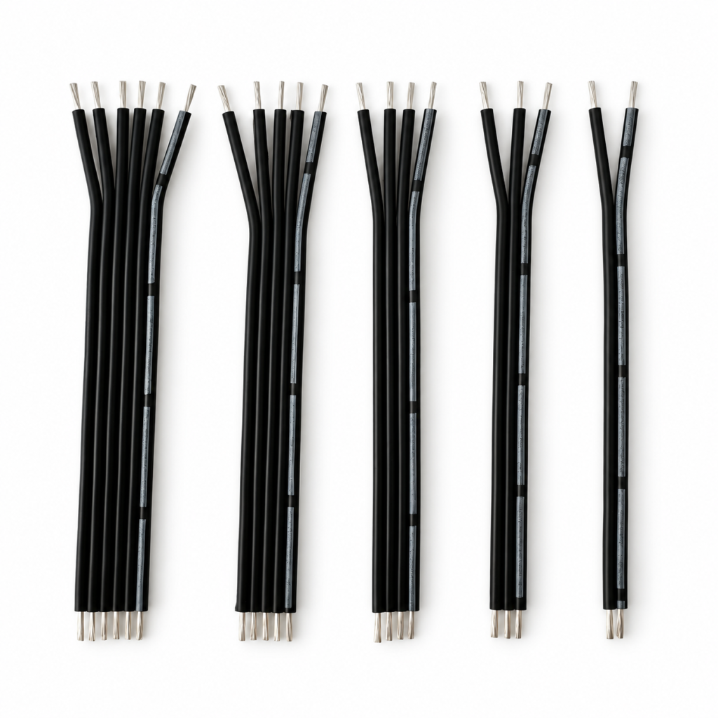 Black silicone ribbon cable samples with two to six joined cores