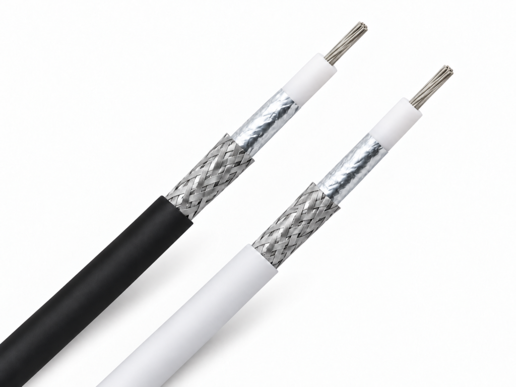 Coaxial cable construction illustration with black and white outer jackets