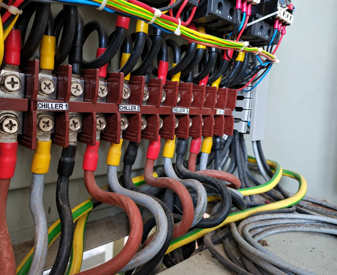 Electrical terminal connections labelled for chiller equipment