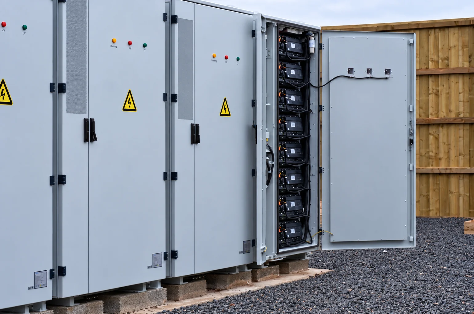Outdoor energy storage cabinets with open equipment compartments
