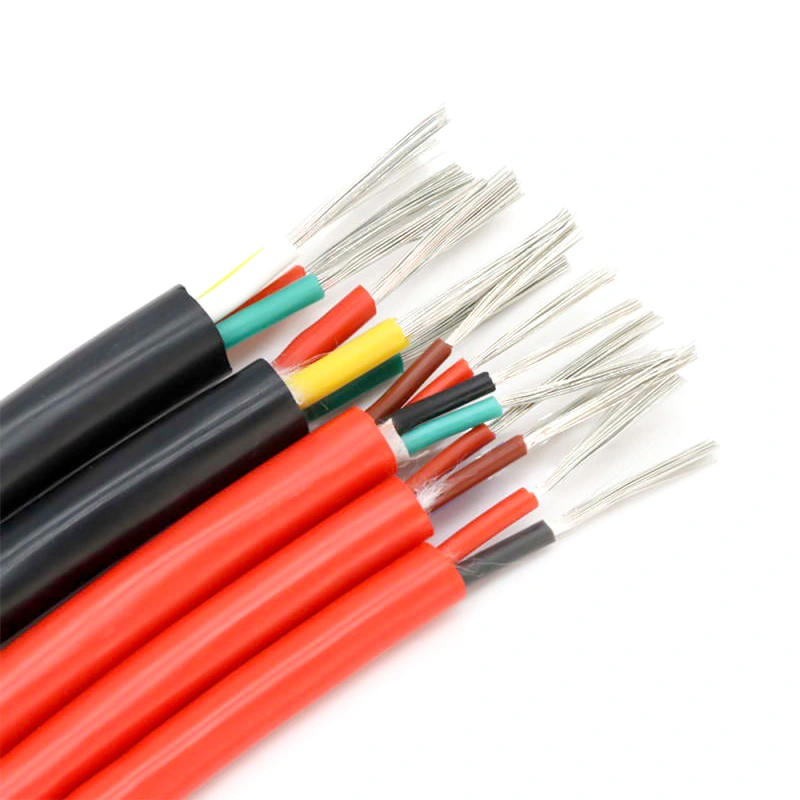 Red and black sheathed multicore cable samples with coloured insulated cores and exposed fine strands.