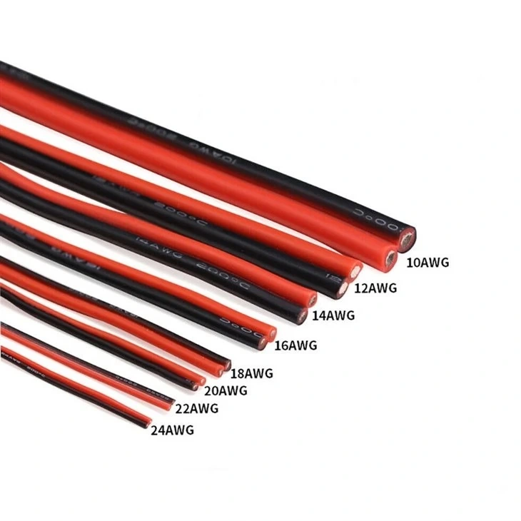 Red and black joined parallel silicone wire samples in several conductor sizes.