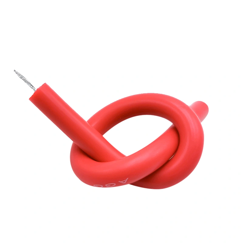Red silicone wire with thick insulation, loosely looped with a stripped conductor end.