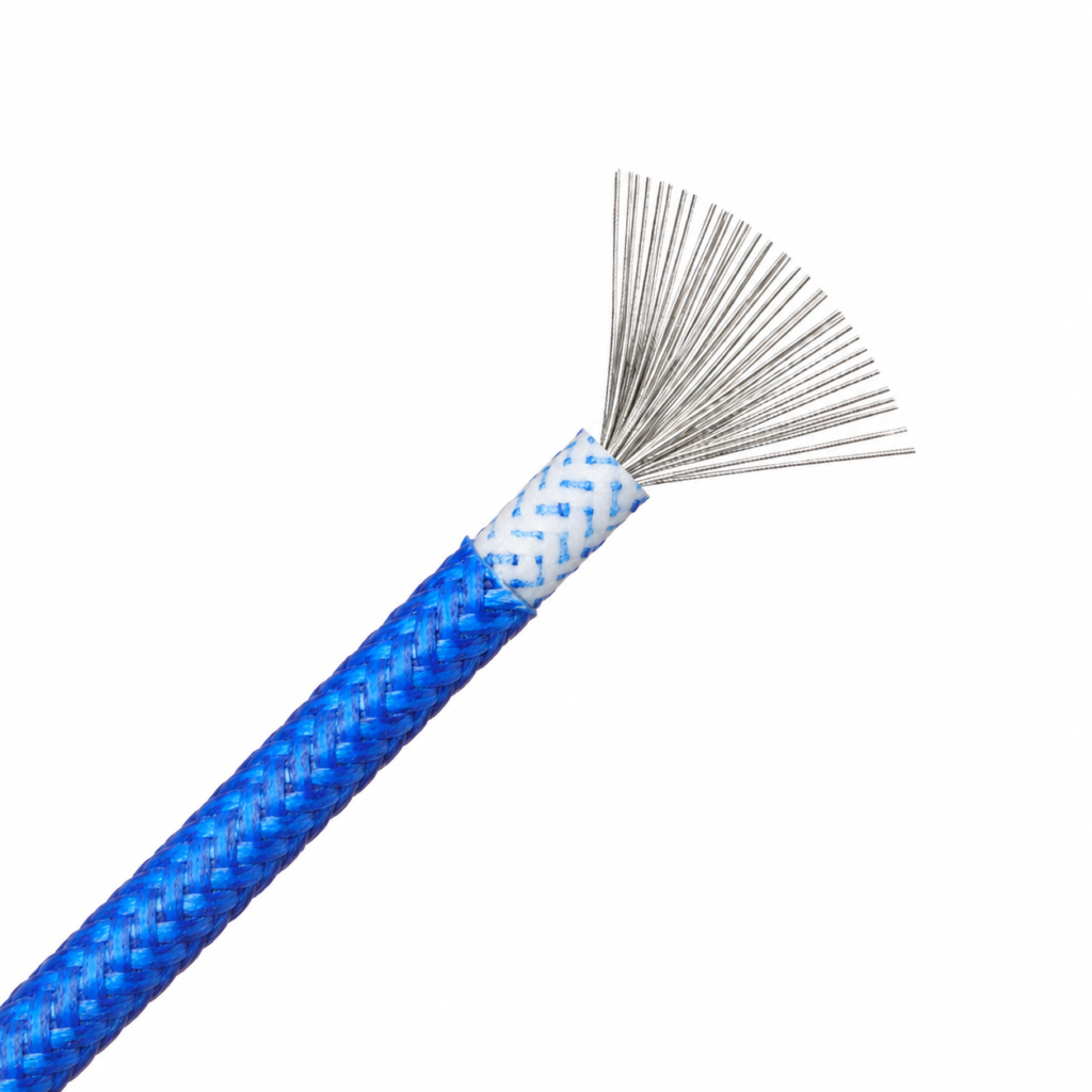 Blue braided wire sample with an exposed inner layer and fanned conductor strands