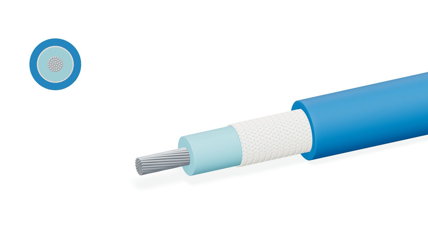 Single-core ignition cable construction illustration with insulation, fibre braid, outer jacket and cross-section