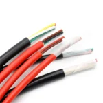 Red and black multicore silicone cable samples with coloured insulated cores and wrapping visible.