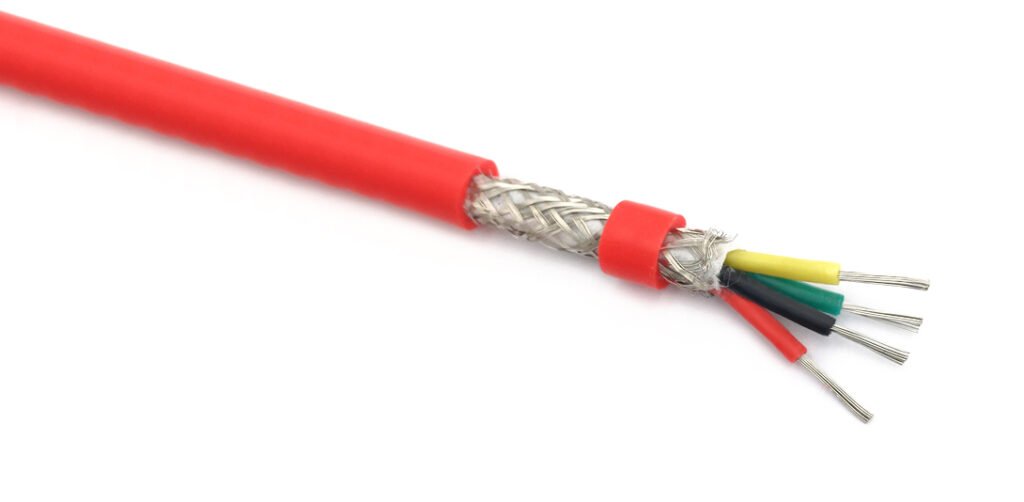 Red sheathed multicore silicone cable sample with an exposed metal braid and coloured insulated cores.