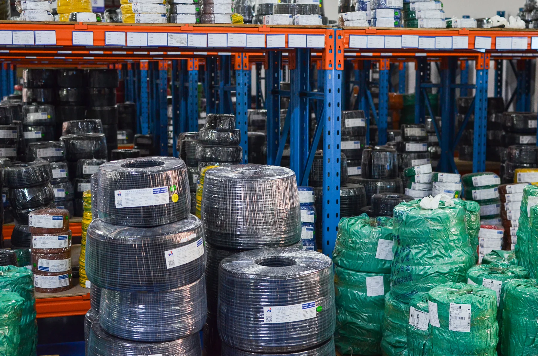 Wrapped wire coils with labels in the ANYANG warehouse