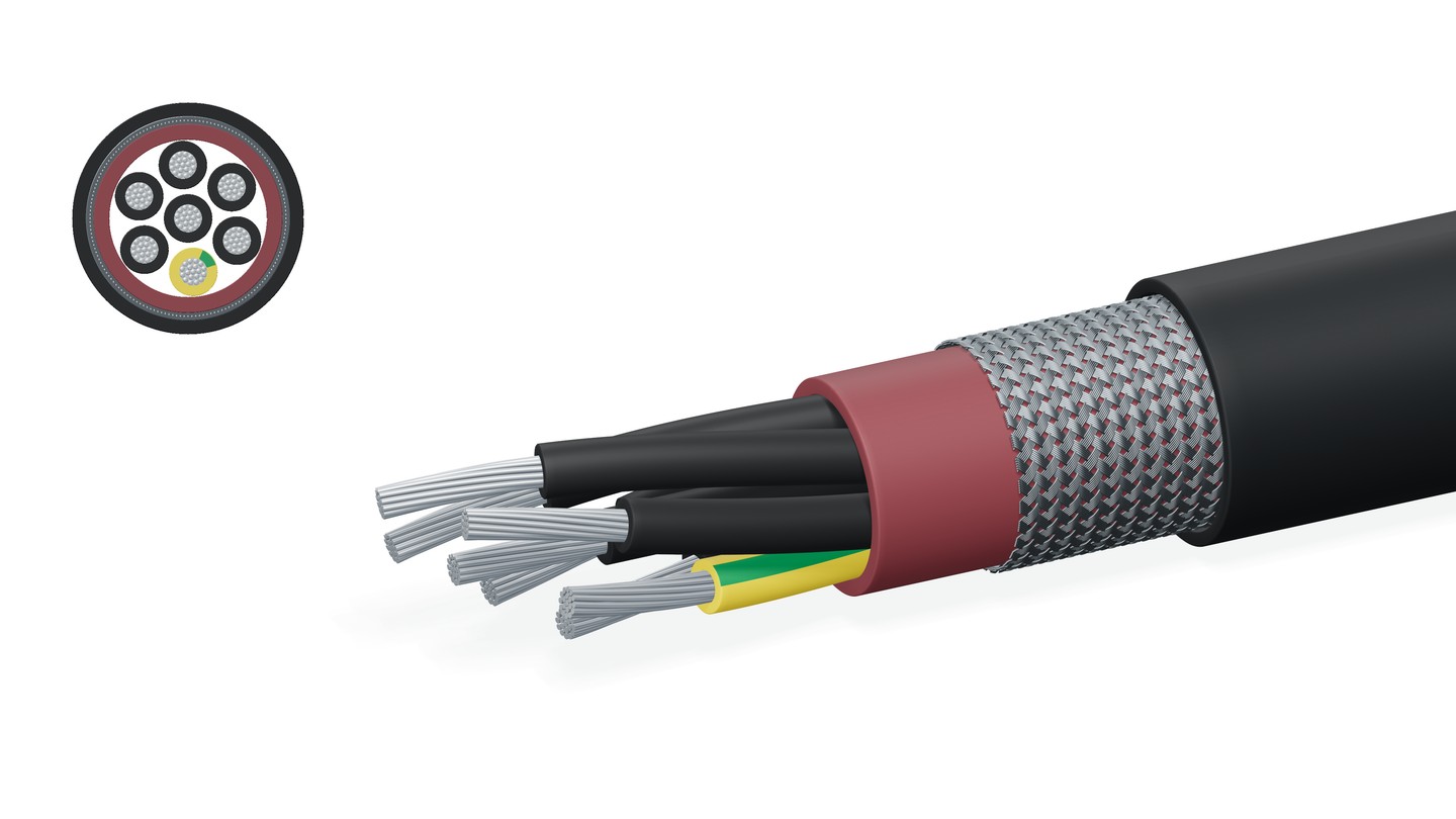 Seven-core cable construction illustration with inner sheath, braided screen, outer sheath and cross-section