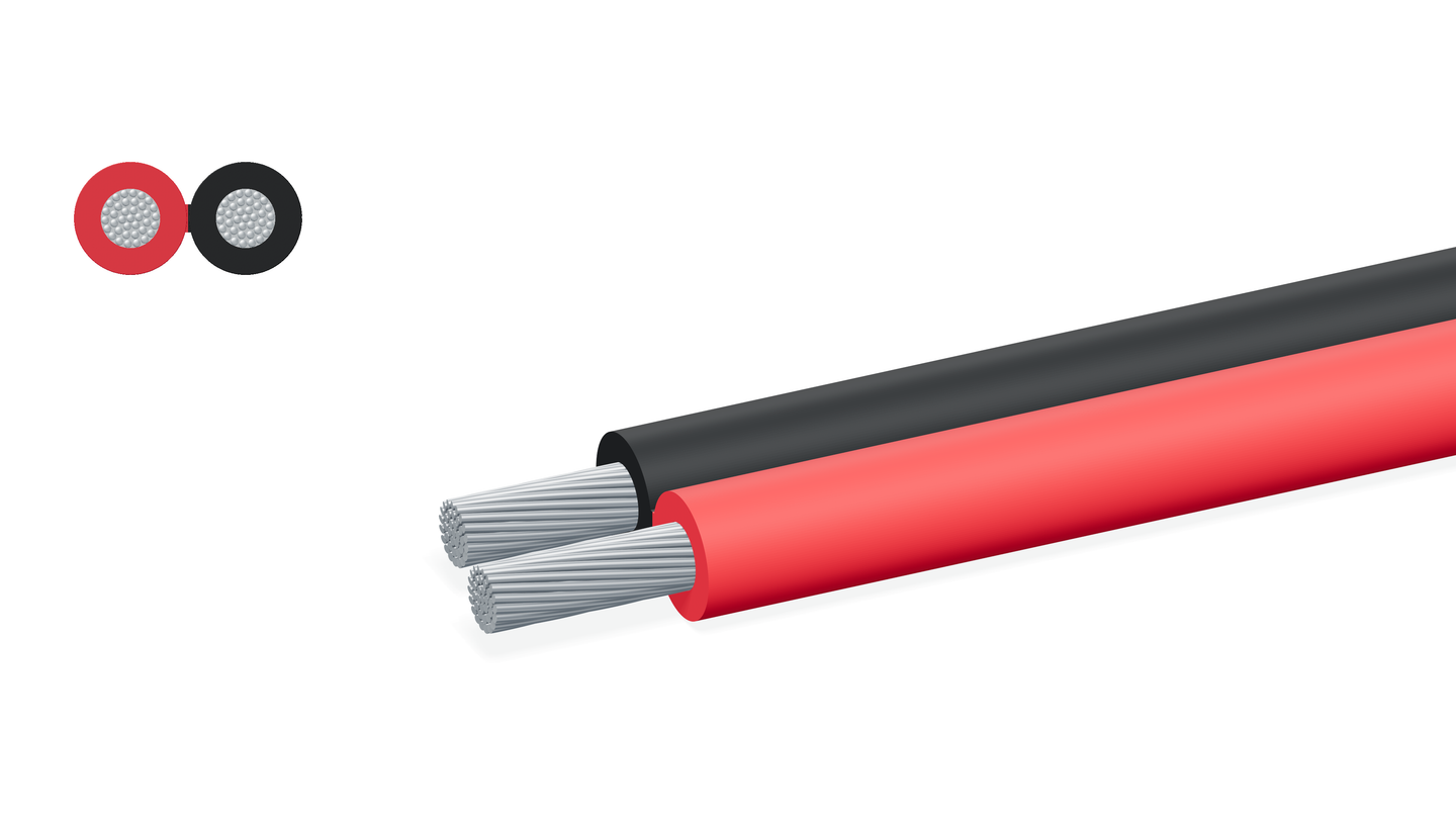 Red-and-black parallel two-core cable construction illustration with cross-section